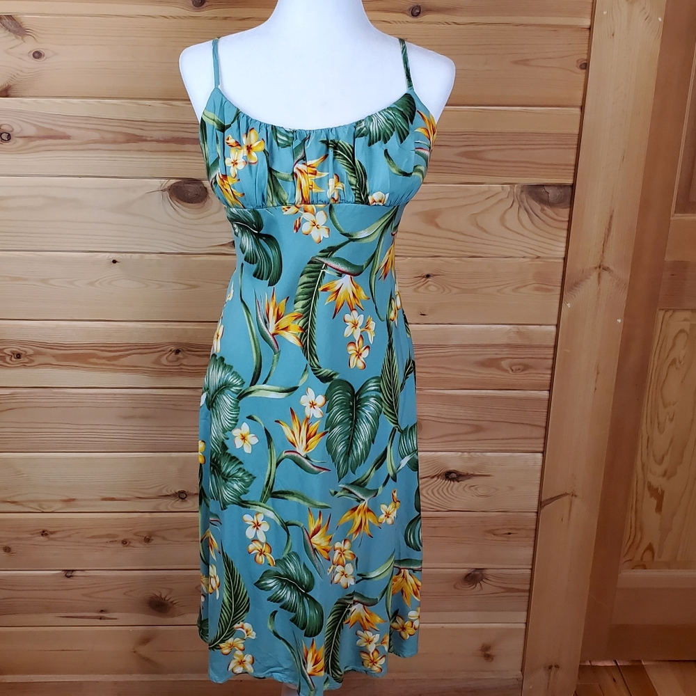 Aloha Hut Hawaii Green Floral Tropical Midi Dress Size Large